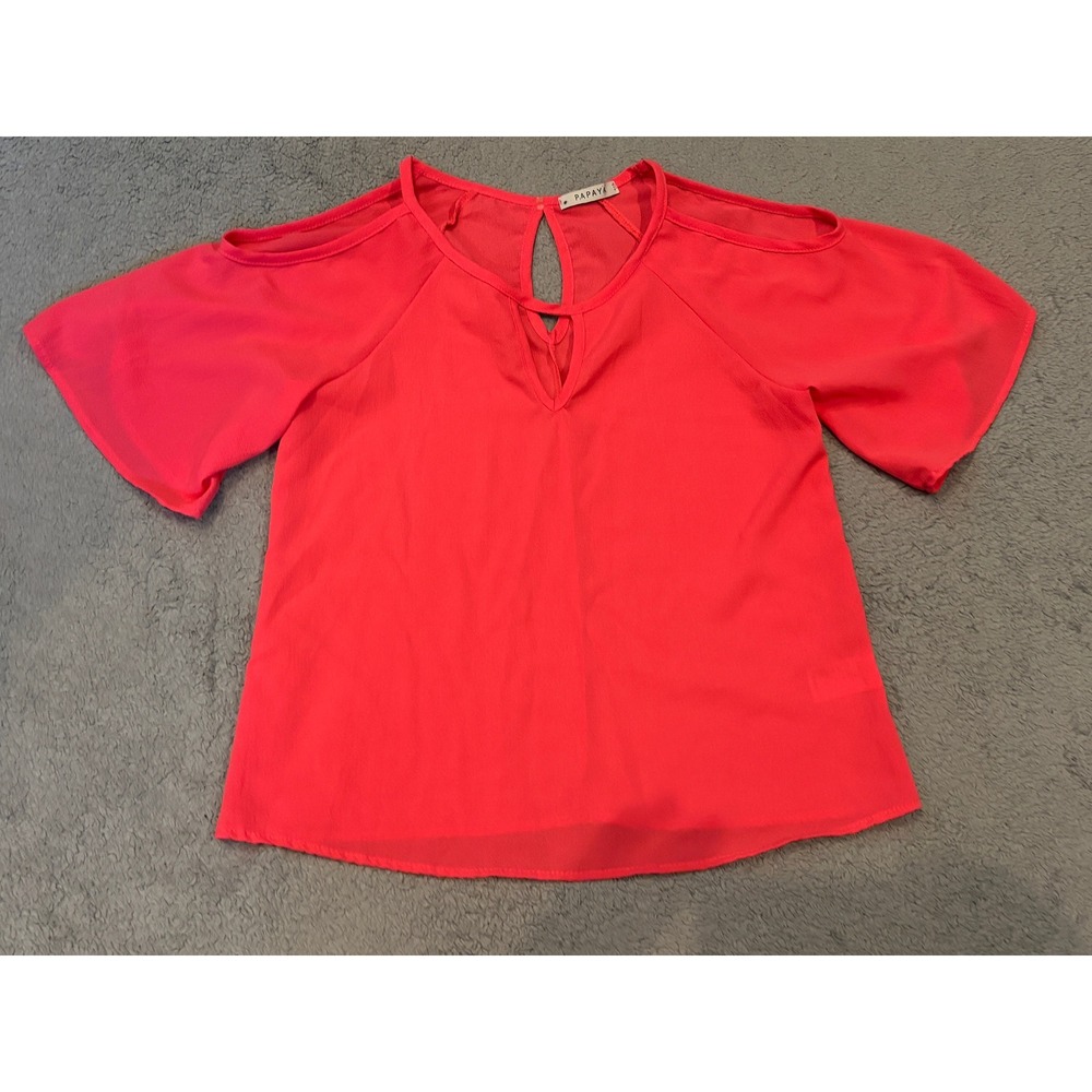 Papaya Womens Cold Shoulder Blouse Coral Pink Keyhole Flutter Sleeve Top S